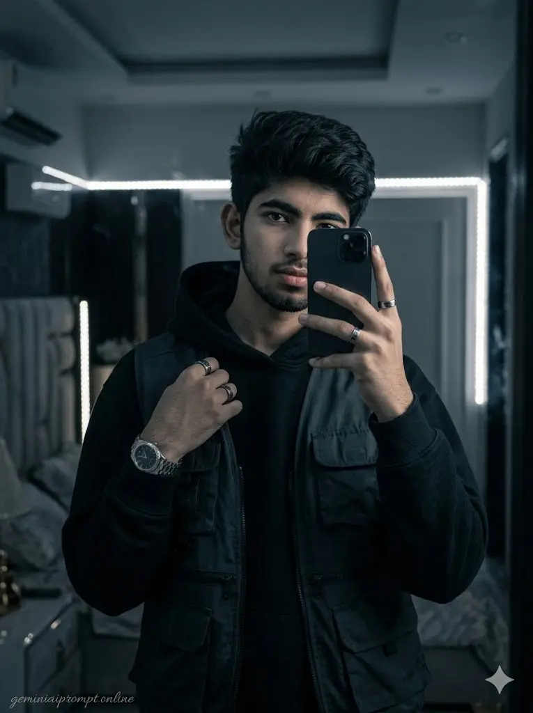 Moody mirror selfie of a stylish young man in dark aesthetic lighting with cinematic shadows, luxury fashion, and emotional Instagram-style vibes.