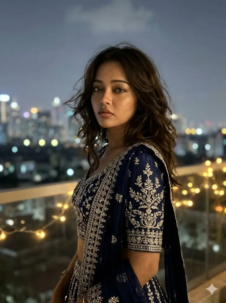 Stylish AI Lehenga Photo Editing Prompts for Girls Moonlight Blue Lehenga Balcony Portrait Realistic midnight blue lehenga balcony portrait for girls with moonlight atmosphere, city lights background, and cinematic low-light aesthetic effects.
