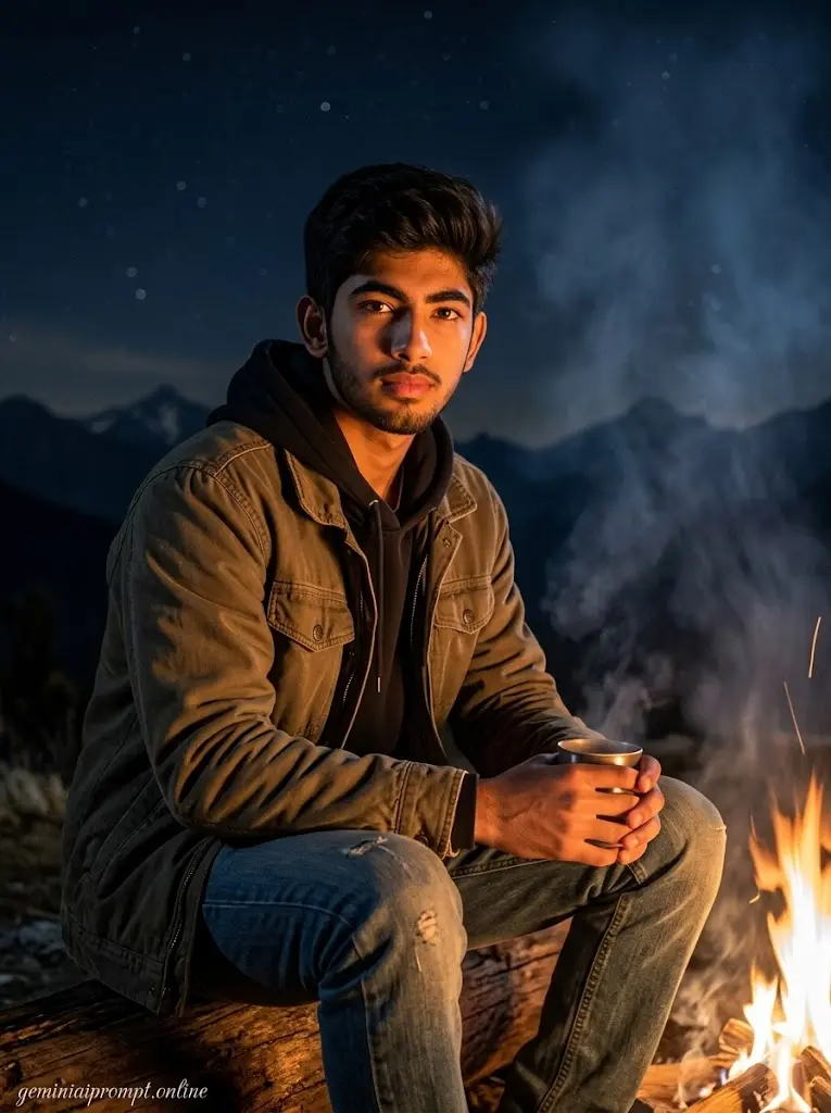 Best Gemini Prompts for Boys To Get Cinematic Results Mountain Campfire Night Realistic mountain campfire portrait of a boy sitting outdoors at night with warm fire lighting generated using Gemini AI cinematic prompt.