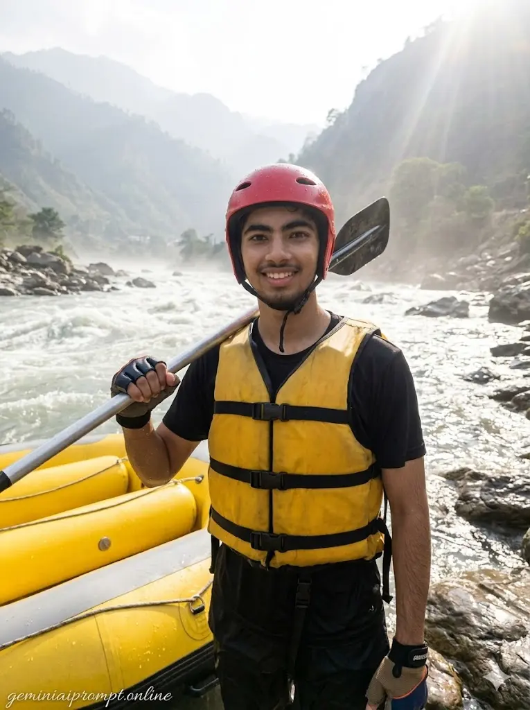 Hyper realistic mountain river rafting portrait of boy standing beside rafting boat with paddle and life jacket in natural sunlight
