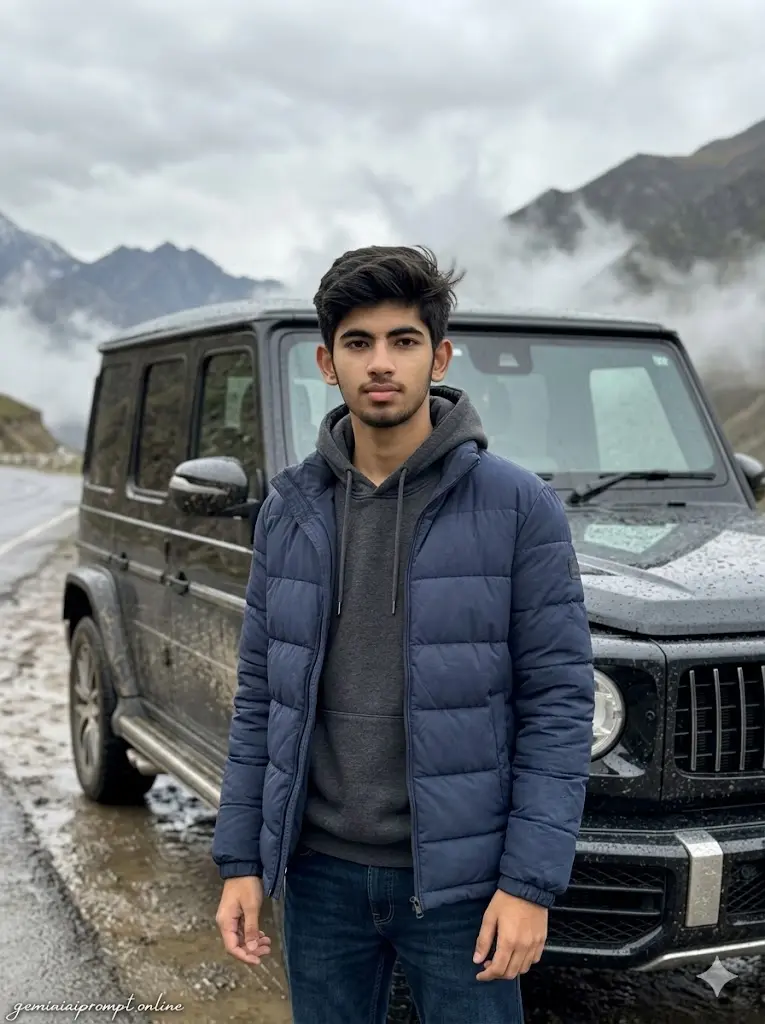 Boy posing beside black Mercedes G-Wagon on a misty mountain road with cloudy weather, adventure aesthetic, and realistic outdoor lighting.