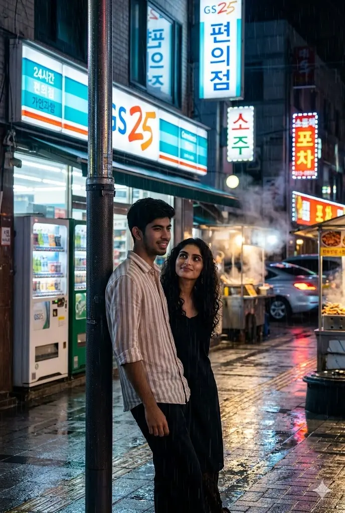 Korean-style neon couple standing outside glowing convenience store at night with rainy street reflections and cozy cinematic romance vibes.