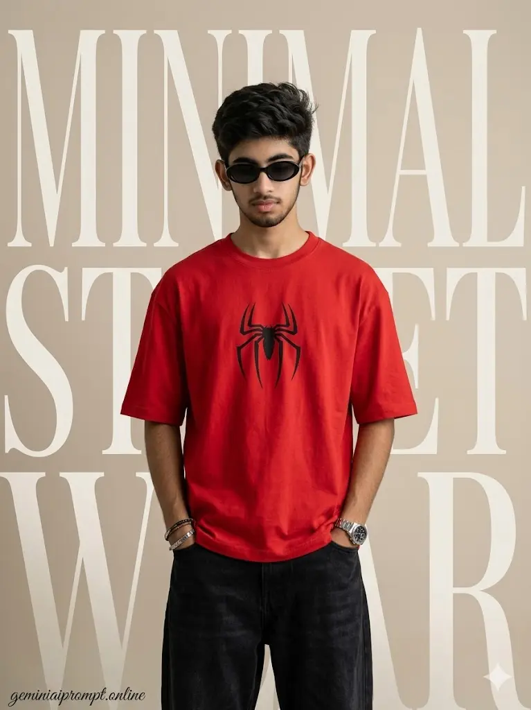 Google Gemini Al Boys Viral Photo Editing Prompts 2026 Oversized Red Spider Streetwear Fashion Portrait Ultra realistic streetwear fashion portrait of a stylish man wearing oversized red spider graphic t-shirt, black baggy jeans, sunglasses, and minimalist beige studio background with luxury editorial aesthetic.