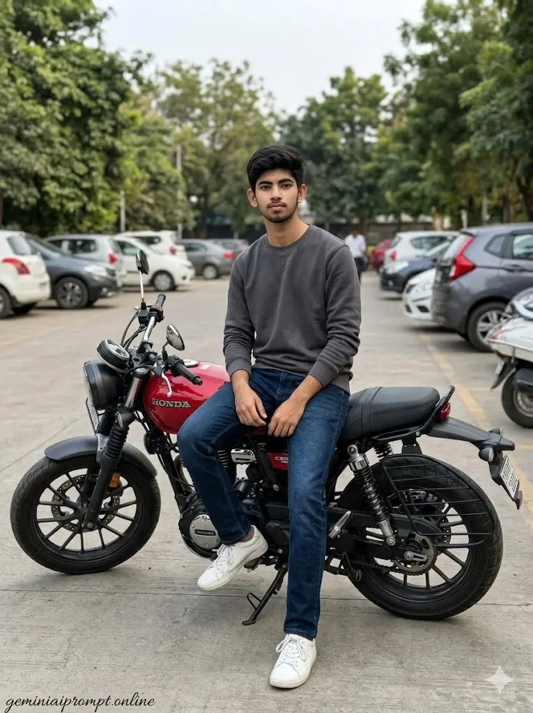 7 Google Gemini Biker AI Photo Editing Prompts 2026 Parking Lot Biker Portrait Modern biker sitting casually on Honda CB350RS in an open parking lot during daytime with natural smartphone-camera realism.