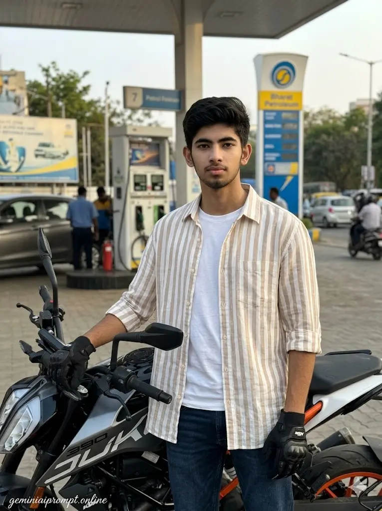 7 Google Gemini Biker AI Photo Editing Prompts 2026 Petrol Pump Rider Shot Stylish rider posing beside KTM Duke 390 at a petrol pump during daytime with realistic urban biker aesthetic.
