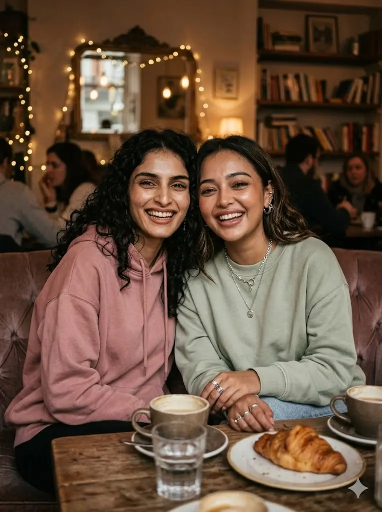 Gemini AI Best Friends Photo Prompts 2026 for Girls Pinterest Cafe Besties Portrait Hyper-realistic Pinterest-style best friends café portrait of girls laughing together in cozy warm lighting with trendy pastel outfits and aesthetic candid social-media vibes