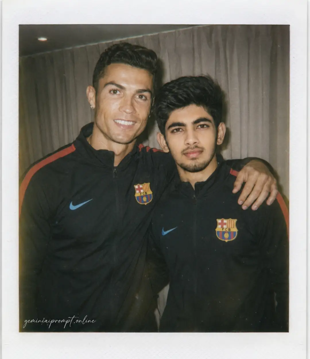 Ultra realistic Polaroid-style photo of Cristiano Ronaldo posing with a fan in Manchester United training tracksuits indoors with vintage candid camera aesthetic and realistic cinematic details.