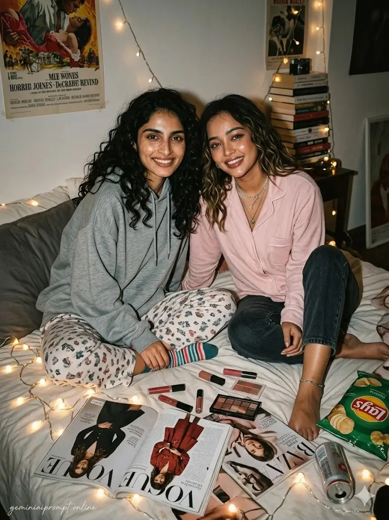 Gemini AI Best Friends Photo Prompts 2026 for Girls Polaroid Style Bedroom Portrait Realistic polaroid-style bedroom portrait of girl best friends in oversized hoodies with fairy lights, nostalgic décor, and cozy Pinterest friendship vibes.