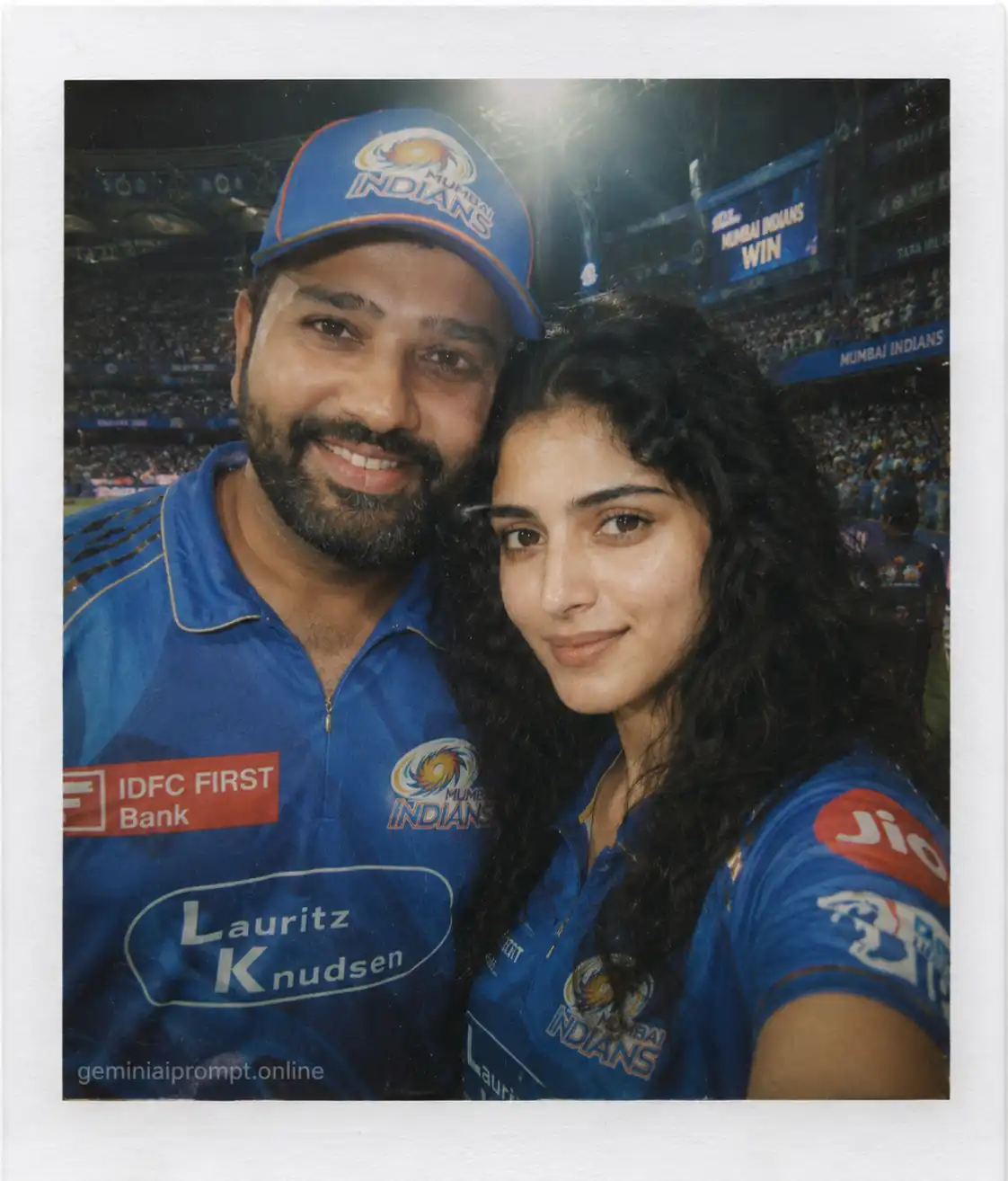 Vintage Polaroid-style selfie of a fan with Rohit Sharma wearing Mumbai Indians jerseys inside Wankhede Stadium with nostalgic candid IPL atmosphere and realistic film camera effects.