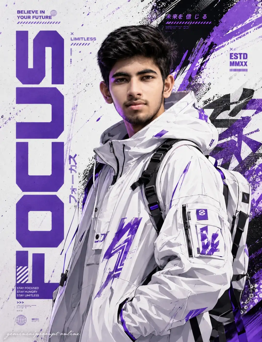 Young man in futuristic anime streetwear poster wearing a white oversized tactical hoodie with purple graphic accents and backpack straps, standing confidently against a bold black, white, and purple abstract background with paint splashes, halftone textures, Japanese typography, and large vertical “FOCUS” text. Cyberpunk-inspired fashion aesthetic with clean studio lighting, purple neon highlights, and modern graphic design elements.