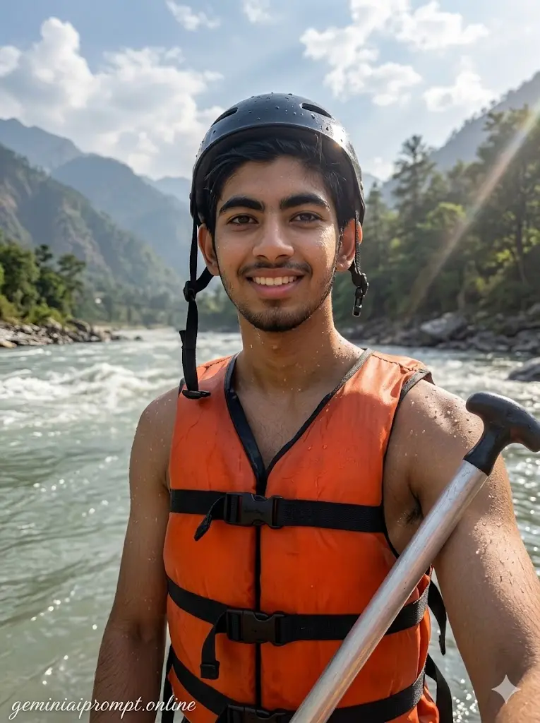 Realistic rafting victory celebration portrait of smiling boy with wet life jacket standing beside river raft after adventure trip