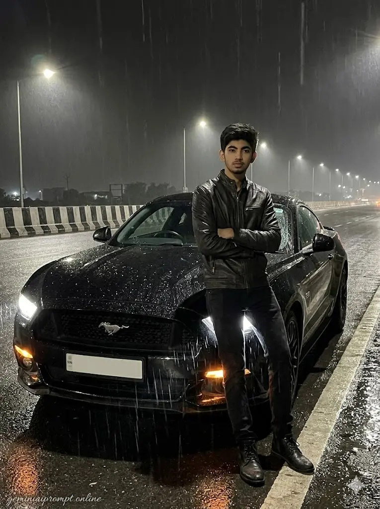 Realistic portrait of a boy standing near a Ford Mustang on a rainy highway at night with dramatic headlights and wet road reflections.
