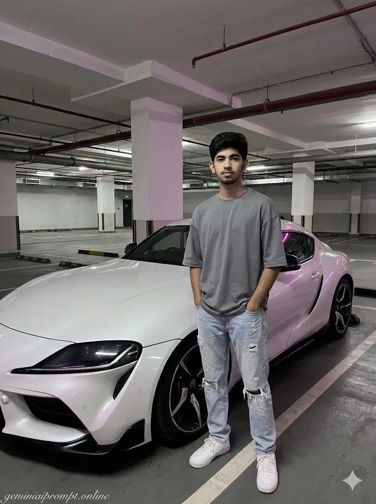 Young man posing beside white Toyota Supra in an underground parking lot with neon lights and realistic late-night street aesthetic.