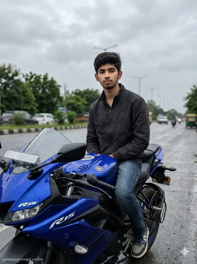 7 Google Gemini Biker AI Photo Editing Prompts 2026 Rainy Road Biker Portrait Young biker sitting on Yamaha R15 V4 beside a wet roadside after rain with cloudy weather and realistic reflections.