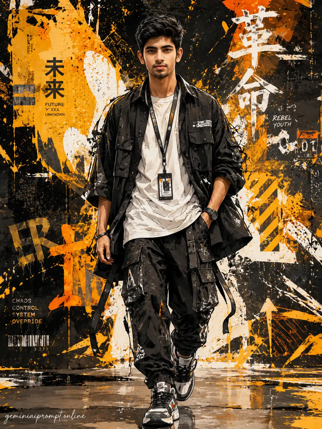 Ultra detailed futuristic streetwear illustration featuring a realistic human face with anime-inspired techwear clothing, graffiti background, cyberpunk fashion aesthetics, and premium urban editorial style.