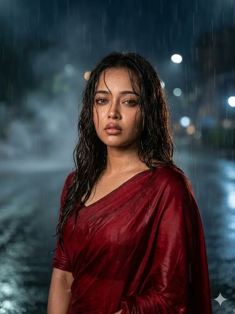 Red Saree Girl Rain Portrait