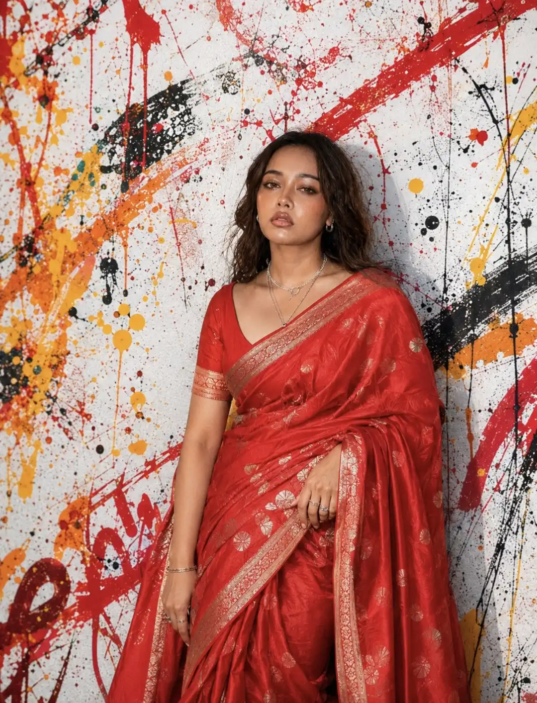 Red Saree Graffiti Paint Splash Fashion Poster