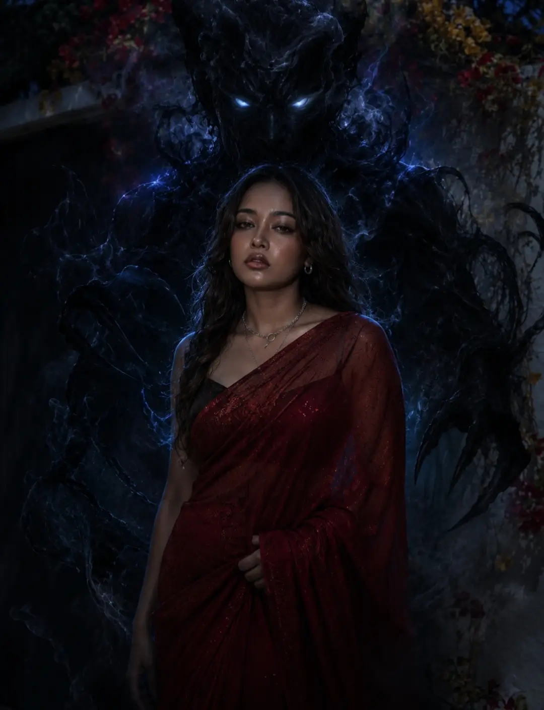 Red Saree With Dark Demonic Shadow Aura