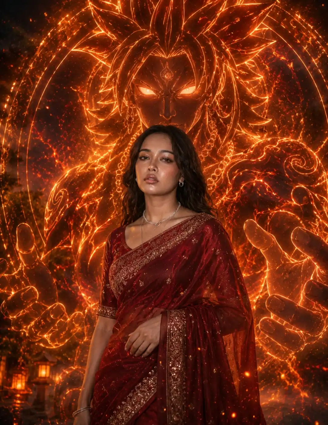 Red Saree With Giant Anime Protector Spirit