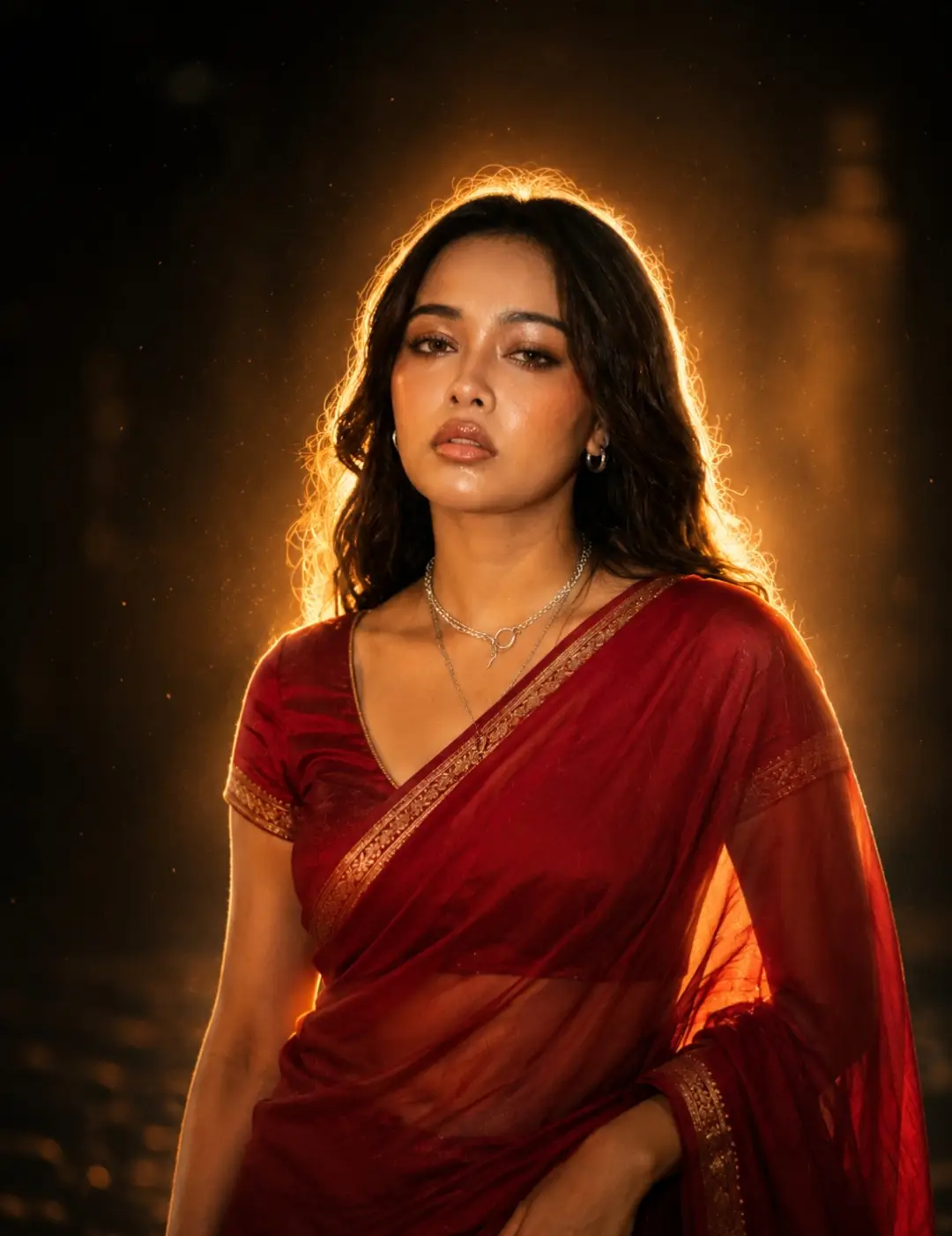 Red Saree With Hidden Backlight Halo Portrait