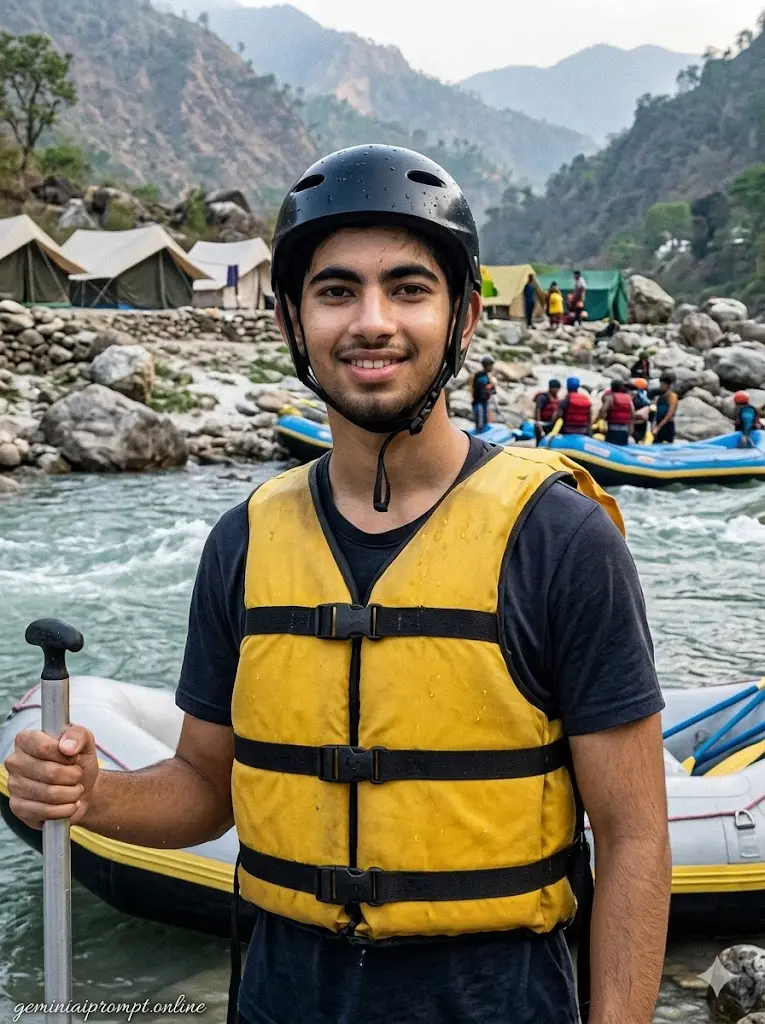 Casual rafting camp portrait of boy near river with inflatable rafting boats and realistic outdoor smartphone camera photography style