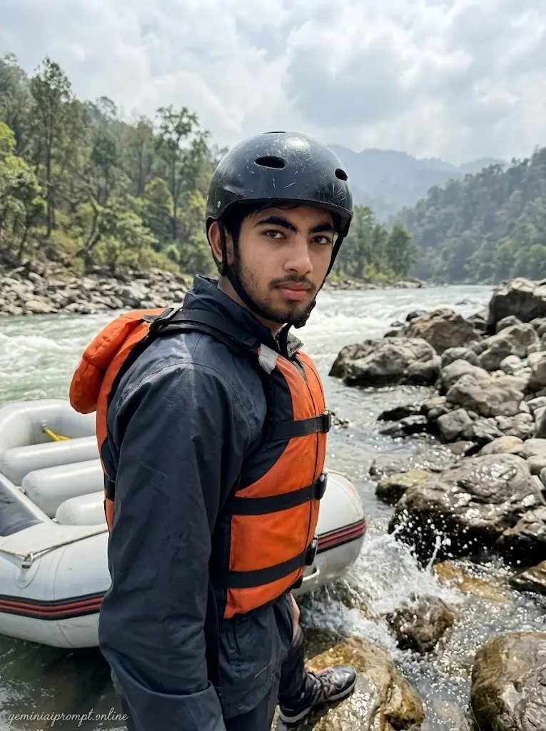 Rugged river rafting survival portrait of boy beside rocky rapids wearing orange life vest and waterproof adventure clothing