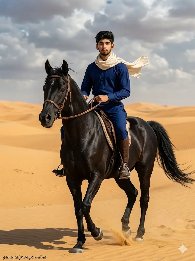 Stunning Cinematic Horse Riding AI Prompts for Viral Photo 2026 Royal Desert Horse Rider Portrait Cinematic desert horse rider portrait with a man riding a black Arabian horse across golden sand dunes under dramatic daylight.