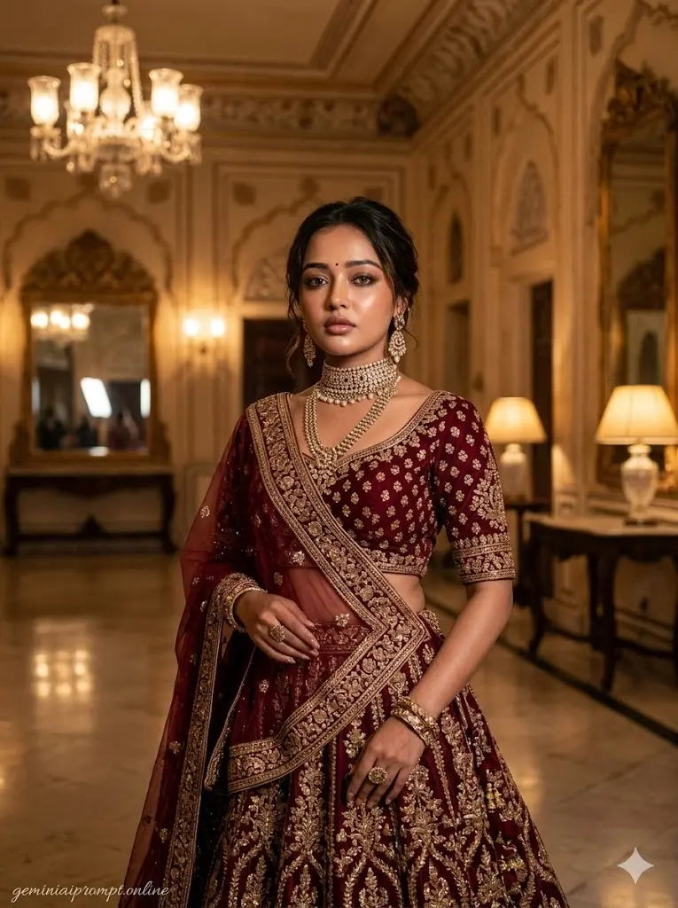 Stylish AI Lehenga Photo Editing Prompts for Girls Royal Palace Lehenga Portrait Royal maroon bridal lehenga palace portrait for girls with luxurious chandeliers, traditional jewelry, and realistic cinematic wedding atmosphere.