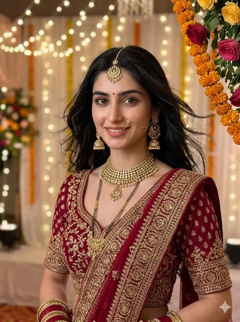 Stylish AI Lehenga Photo Editing Prompts for Girls Royal Red Bridal Lehenga Portrait Realistic Indian bridal girl portrait in royal red lehenga with golden embroidery and aesthetic wedding lighting generated using Gemini AI prompt.