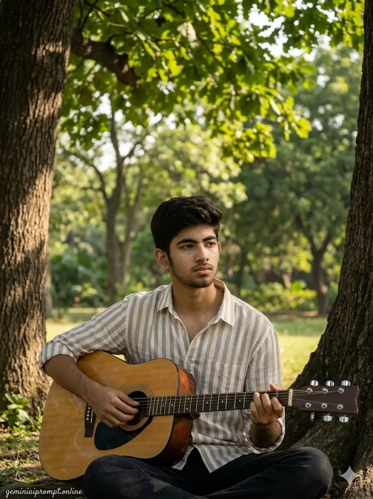 8 Sad Boy Prompt Gemini: Turn Your Photo Into a Heartbreaking Portrait That Feel Too Real! Sad Boy Guitar Aesthetic Emotional sad boy playing acoustic guitar under tree in peaceful park with cinematic outdoor lighting and realistic lonely aesthetic.