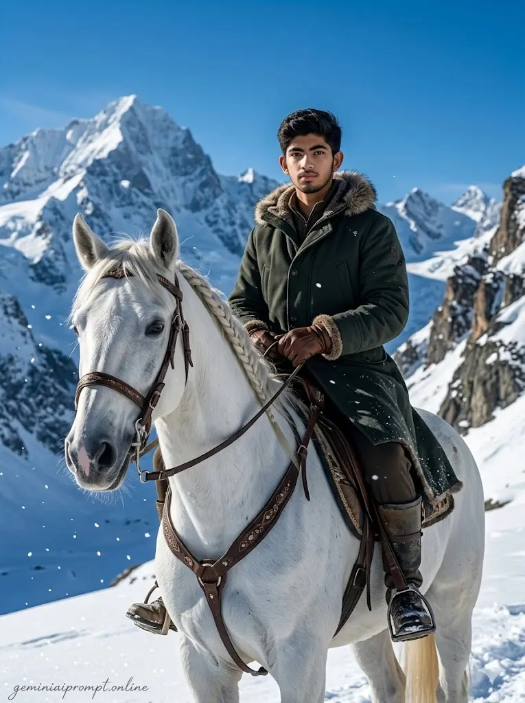 Stunning Cinematic Horse Riding AI Prompts for Viral Photo 2026 Snow Mountain Horse Warrior Realistic snowy mountain horse riding portrait featuring a man on a white horse surrounded by icy peaks and bright natural sunlight.
