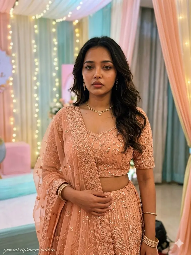 Stylish AI Lehenga Photo Editing Prompts for Girls Soft Aesthetic Peach Lehenga Portrait Soft aesthetic peach lehenga portrait for girls with fairy lights, natural skin texture, and realistic smartphone-style cinematic photography generated using Gemini AI.