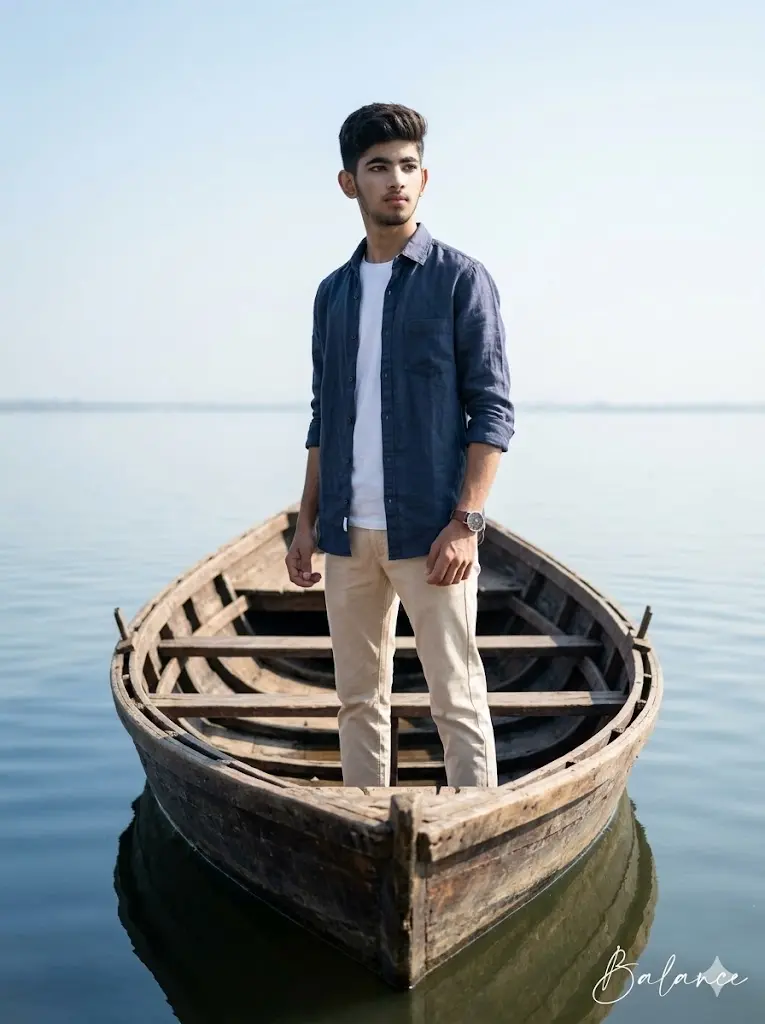 Standing in Wooden Boat Portrait