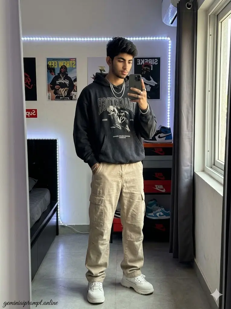 Streetwear mirror selfie portrait of a fashionable boy wearing oversized urban outfit with trendy accessories and premium Gen-Z influencer aesthetic.