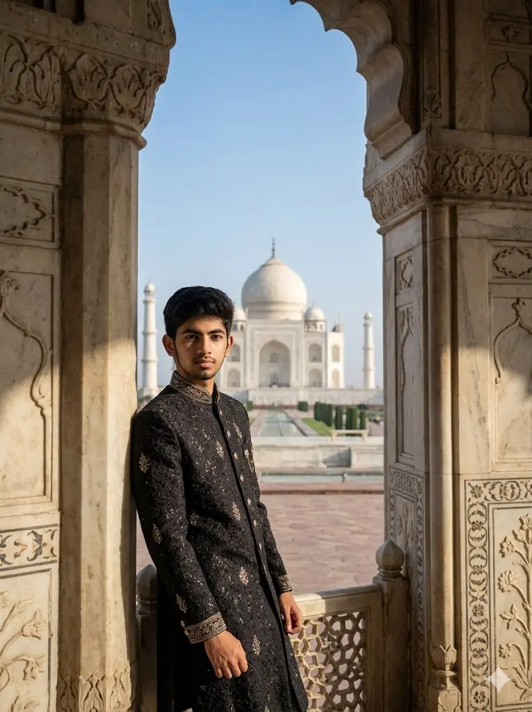 Royal sherwani portrait captured from a marble balcony overlooking the Taj Mahal with cinematic architectural framing and bright realistic daylight photography.