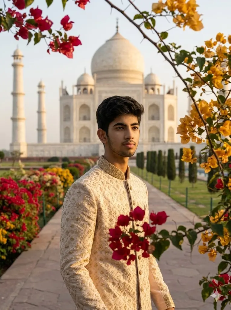 Bollywood-inspired cinematic Taj Mahal garden portrait featuring a man in pastel ethnic wear surrounded by flowers, fountains, and warm evening sunlight with realistic Indian heritage atmosphere.