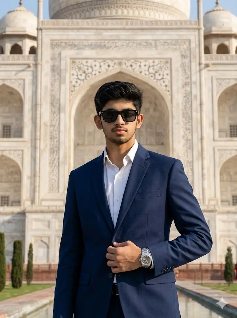 Luxury Taj Mahal travel portrait of a stylish man in a navy-blue suit and sunglasses posing confidently with realistic daytime lighting and sharp marble architecture details.