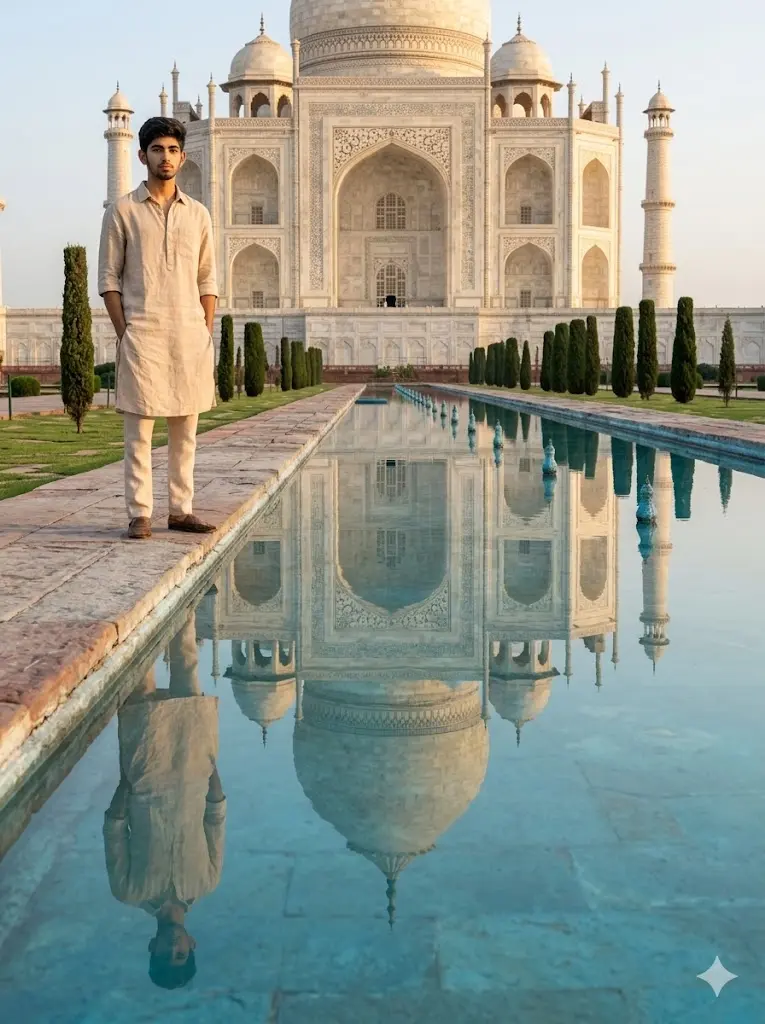 Cinematic reflection pool portrait beside the Taj Mahal featuring a man in beige kurta with realistic water reflections, golden morning sunlight, and ultra-detailed marble textures.