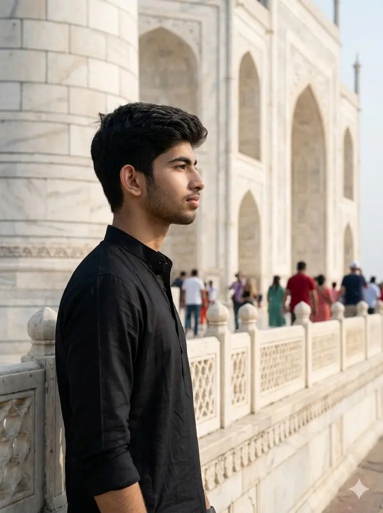 Side-profile cinematic Taj Mahal portrait of a man wearing a black kurta with realistic sunlight, detailed marble railing, and luxury travel photography composition.