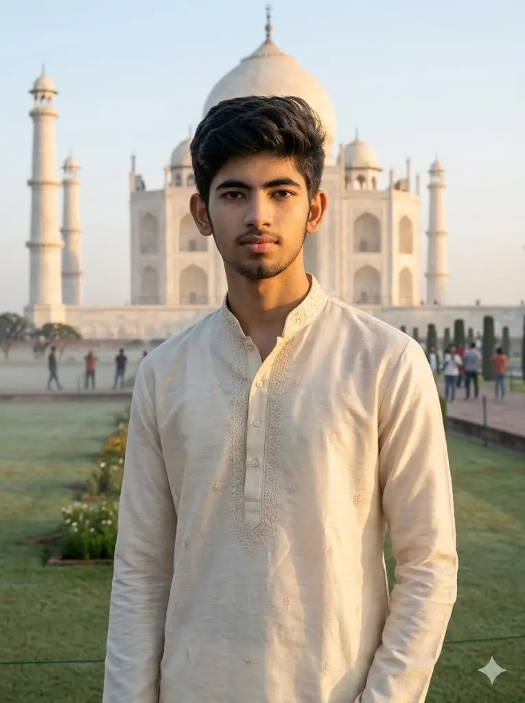 Realistic sunrise portrait of a man standing confidently in front of the Taj Mahal wearing a cream traditional kurta with cinematic golden morning lighting and natural Mughal garden background.