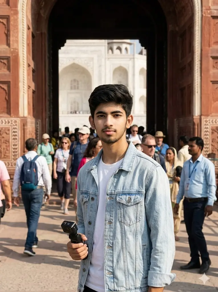 Documentary-style Taj Mahal travel photo of a man wearing a denim jacket and white T-shirt standing naturally among tourists with realistic candid daytime atmosphere.