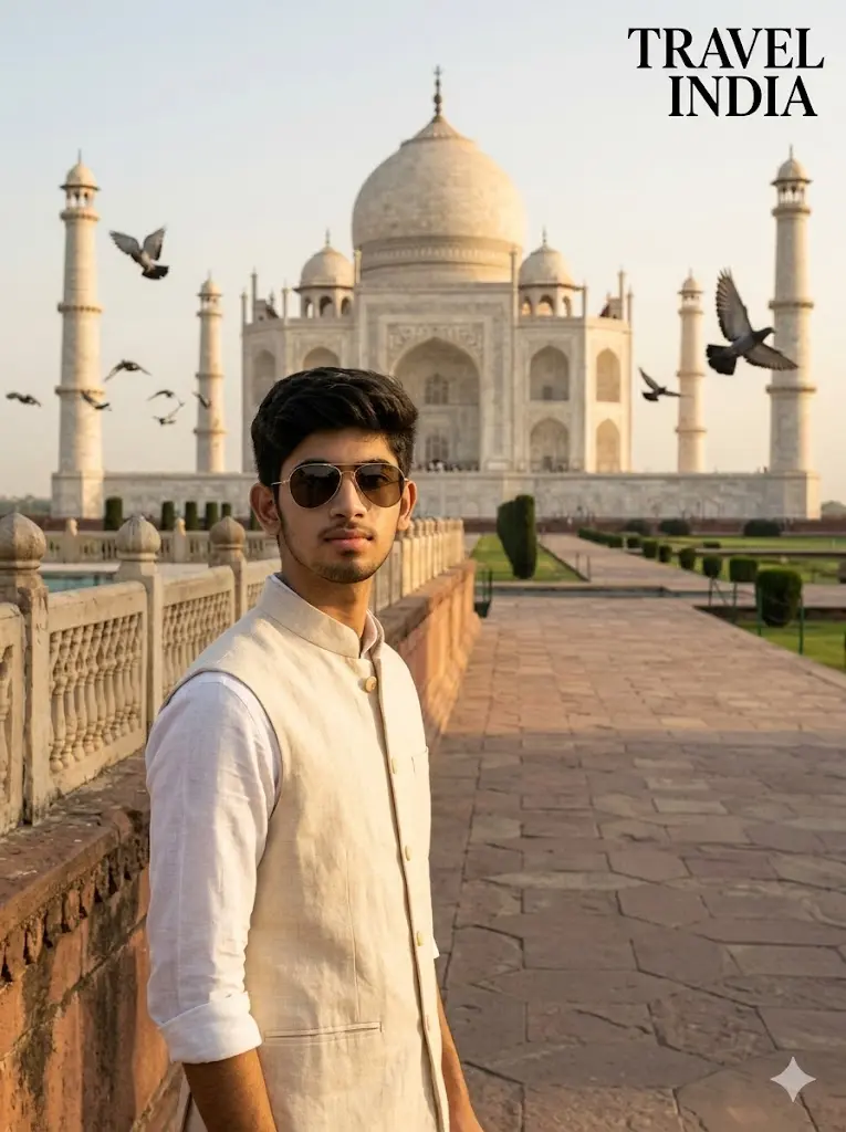 Vintage India editorial portrait in front of the Taj Mahal showing a man in a cream Nehru jacket with old-money luxury aesthetic and realistic cinematic daylight.