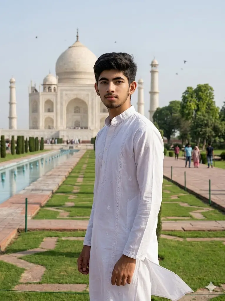 Natural white kurta portrait in Mughal gardens beside the Taj Mahal with realistic daylight, symmetrical fountains, green pathways, and authentic Indian heritage atmosphere.