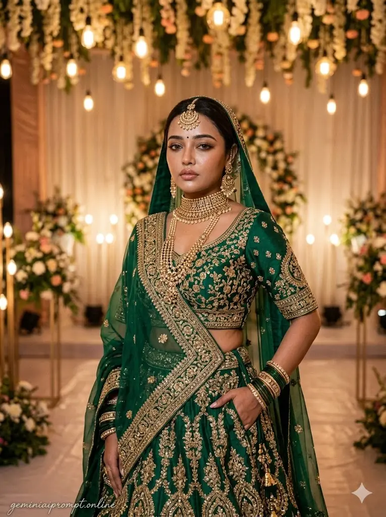 Stylish AI Lehenga Photo Editing Prompts for Girls Traditional Green Wedding Lehenga Portrait Traditional green bridal lehenga portrait for girls with royal wedding decor, realistic jewelry, and warm cinematic lighting generated through Gemini AI.