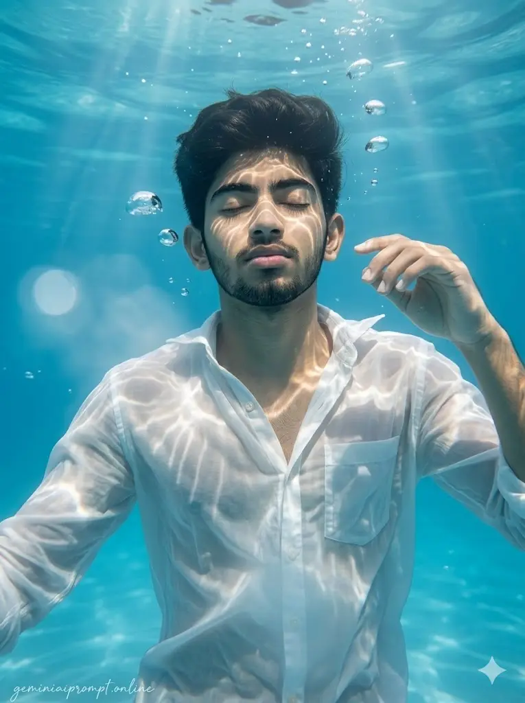 Prompt Seen New Instagram Trend Prompt For Boy Trending underwater Gemini Prompt Underwater cinematic AI portrait of a man in a flowing white shirt with realistic sunlight reflections, floating bubbles, blue water aesthetics, and dreamy luxury photography style.