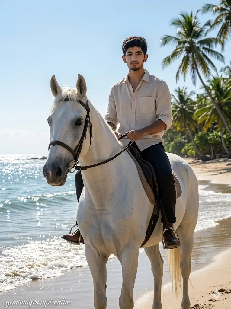 Stunning Cinematic Horse Riding AI Prompts for Viral Photo 2026 Tropical Beach Horse Rider Tropical beach horse riding portrait with a man riding a white horse near ocean waves and palm trees during bright daytime.