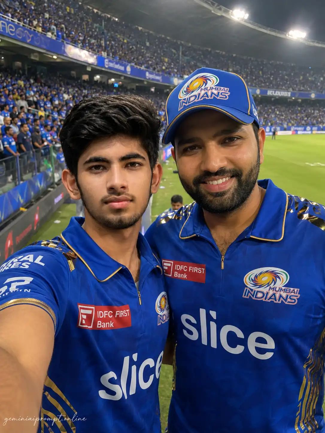 Ultra realistic selfie with Rohit Sharma in Mumbai Indians jersey inside packed Wankhede Stadium during IPL match with cinematic sports photography style.