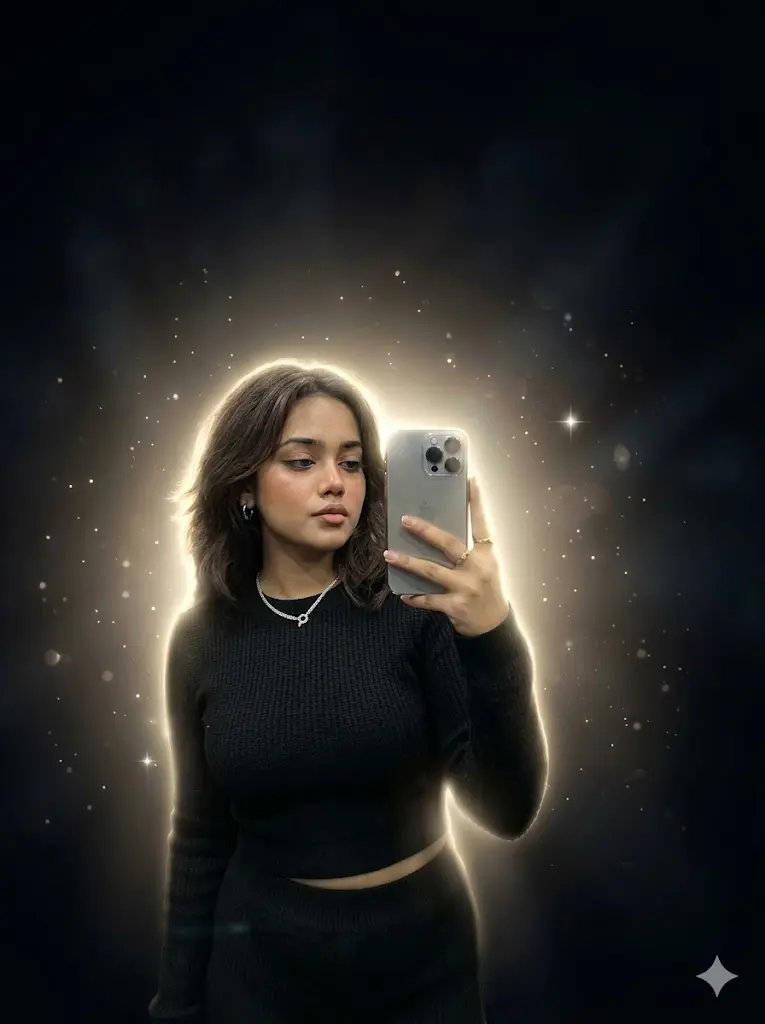 Ek premium aur cinematic portrait jismein ek young woman black knit crop top aur matching pants mein mirror selfie le rahi hai. Original image se unka chehra, unique hairstyle, expression, jewellery, aur phone pakadne ka pose bilkul exact maintain kiya gaya hai. Elevator ka background ab poori tarah se ek deep, luxurious dark environment mein badal chuka hai jo rich black tones mein fade hota hai. Subject ke theek peeshe se ek powerful soft golden-white backlighting nikal rahi hai, jo unke baalon, shoulders aur body outline ke paas ek luminous aur ethereal halo effect (aura) bana rahi hai. Is glowing aura ke saath-saath background mein hawa mein tairte hue tiny light particles, sunahre dust specks, dreamy bokeh sparkles aur subtle star-like reflections bikhre hue hain, jo poori image ko ek heavenly aur premium dreamlike look dete hain.