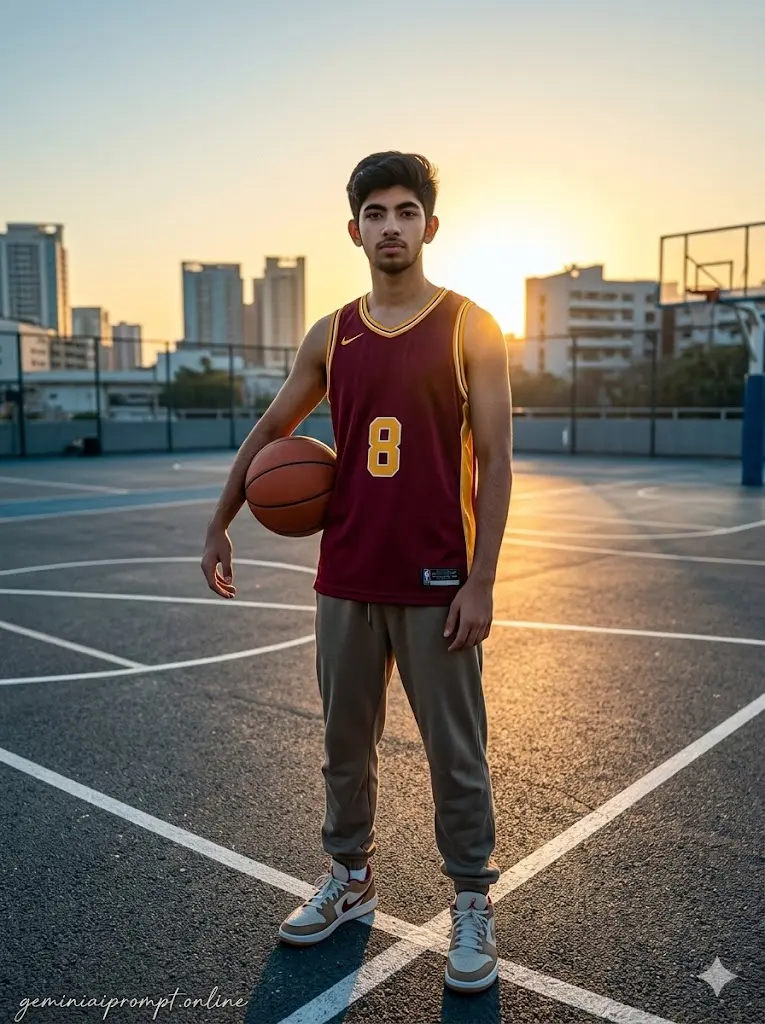 Best Gemini Prompts for Boys To Get Cinematic Results Urban Basketball Court Portrait Realistic basketball court portrait of a confident boy during sunset with cinematic urban lighting generated using Gemini AI prompt.