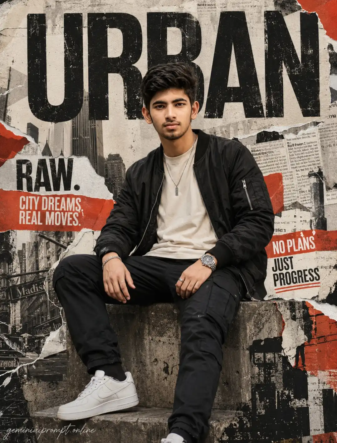 Ultra realistic urban collage fashion editorial poster of stylish young man sitting on concrete block wearing black bomber jacket, black cargos and white sneakers with distressed paper textures, city graphics and bold URBAN typography background.
